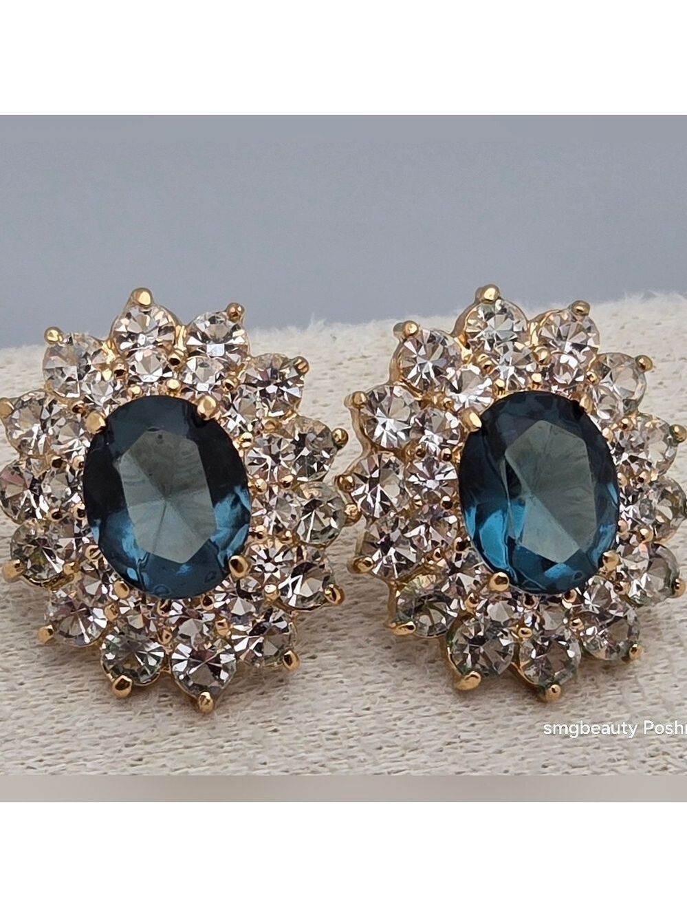 Sapphire & Diamond Stud Earrings 14K Yellow Gold Princess Diana Style 7.8g